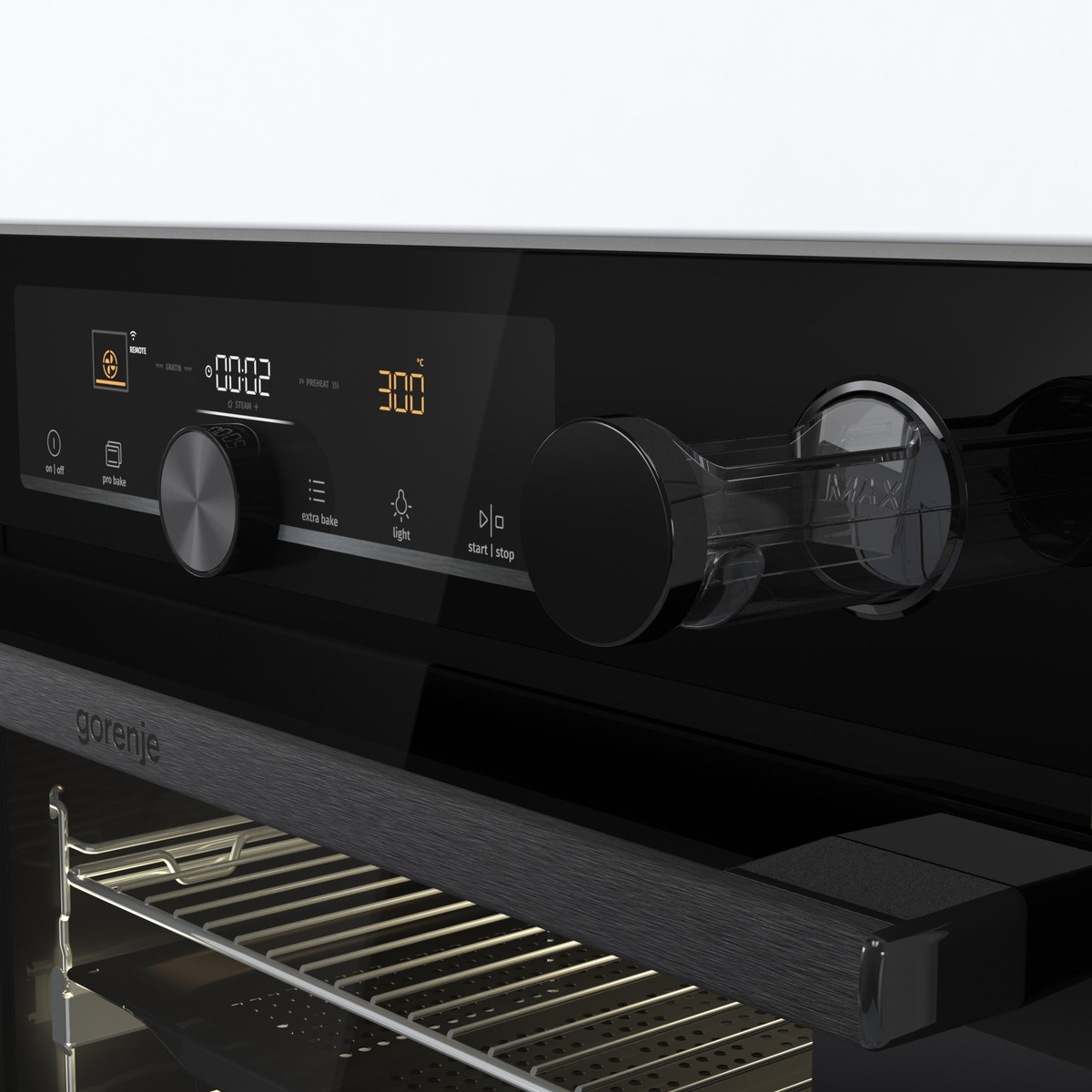 Backofen-Bedienfeld, mit Display, Knöpfen und Lichtanzeige, Marke Gorenje.