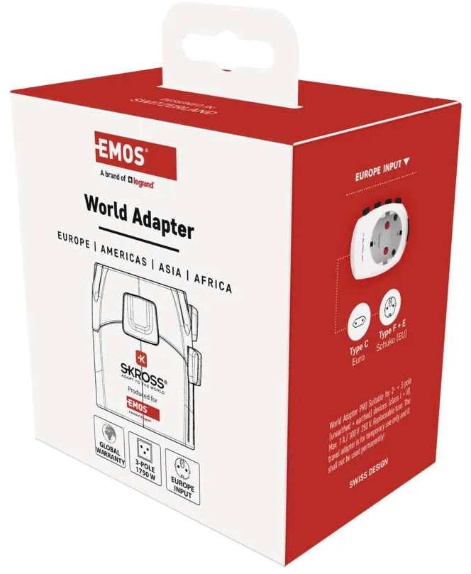 Egy EMOS World Adapter doboza. A dobozban a termék és a funkciók láthatók.
