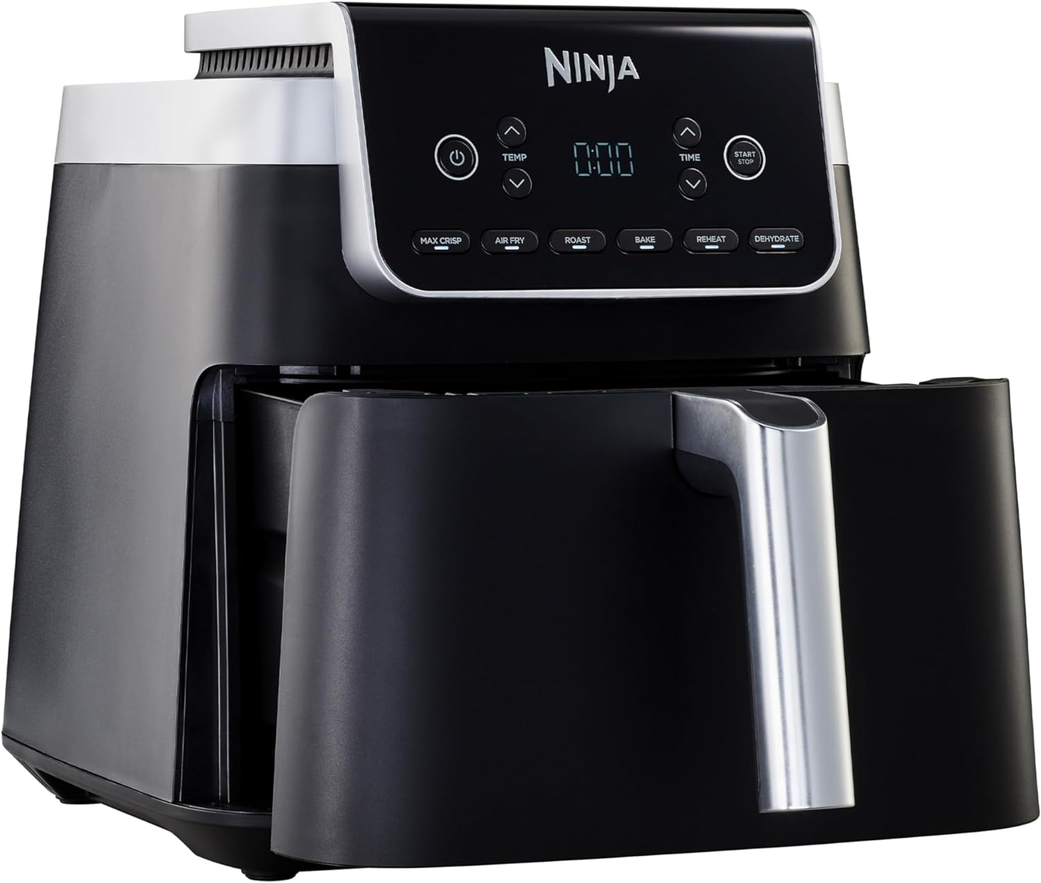 Freidora de aire Ninja negra. Controles arriba, cesta al frente y asa plateada.