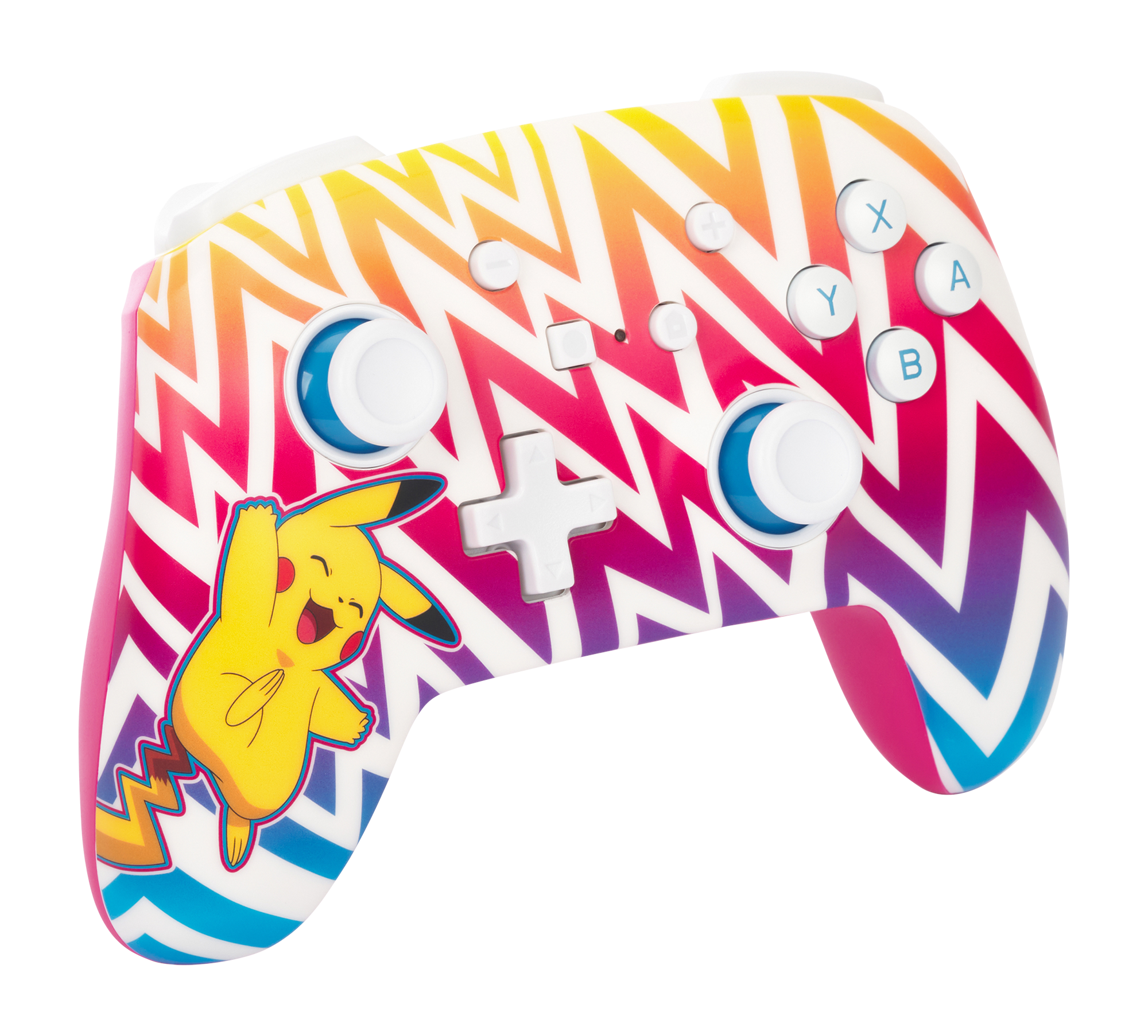 Ein farbenfroher Pikachu-Controller mit Knöpfen und Joysticks.