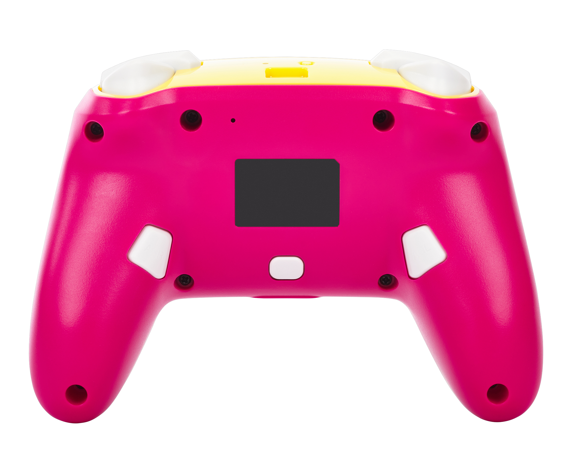 Rosa und gelber Gamecontroller. Rückansicht zeigt einen Bildschirm und Tasten. Weiße Knöpfe.