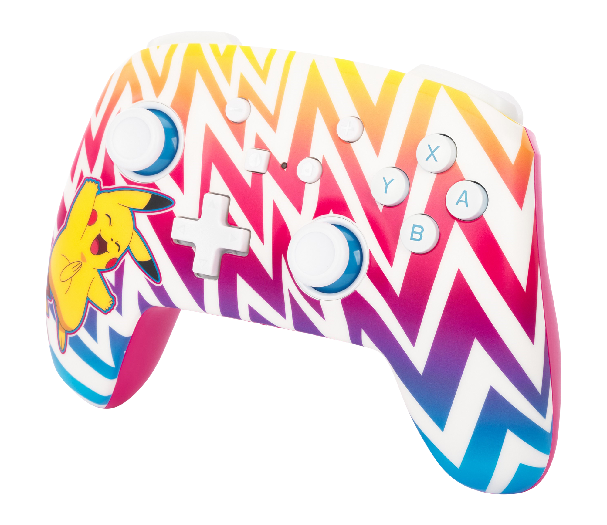Controller im Pikachu-Design mit farbenfrohem Zickzackmuster.