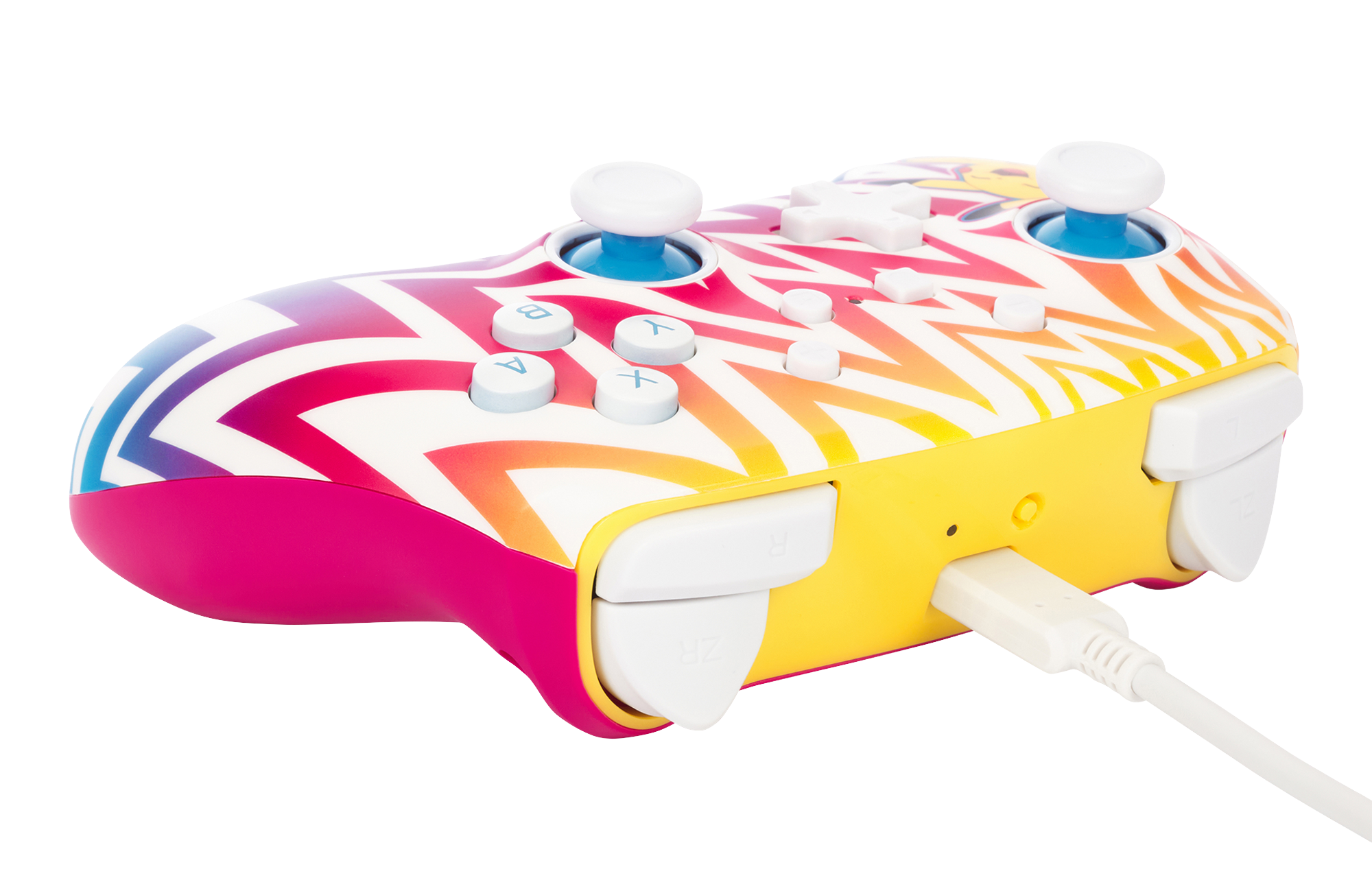 Bunter Gamecontroller mit weißen Knöpfen, rosa, gelben und Regenbogenstreifen, ein USB-Kabel.
