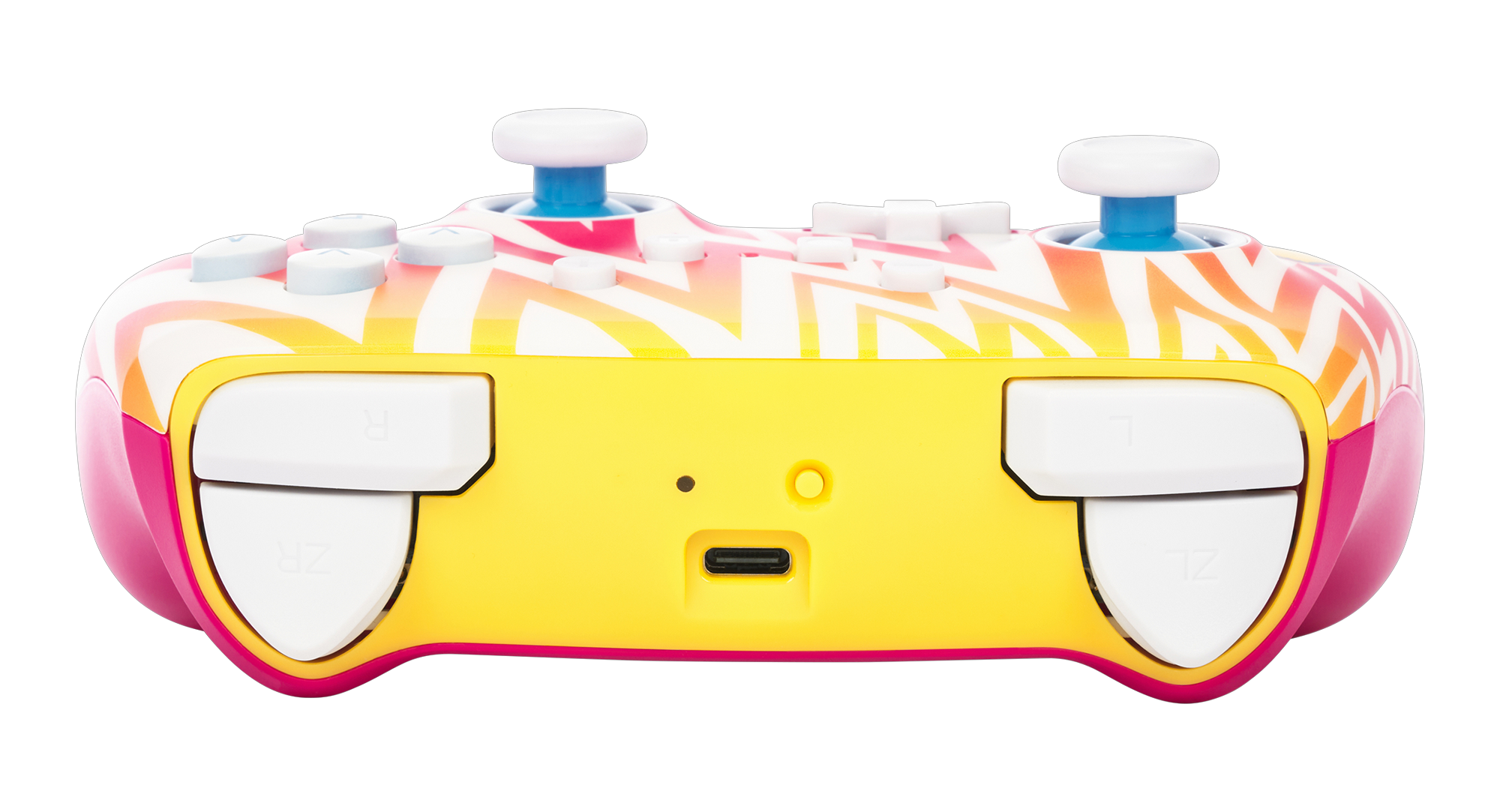 Spielcontroller mit buntem Zebramuster. Gelbe Basis, rosa Seiten, blaue Joysticks, schwarzer Hintergrund.