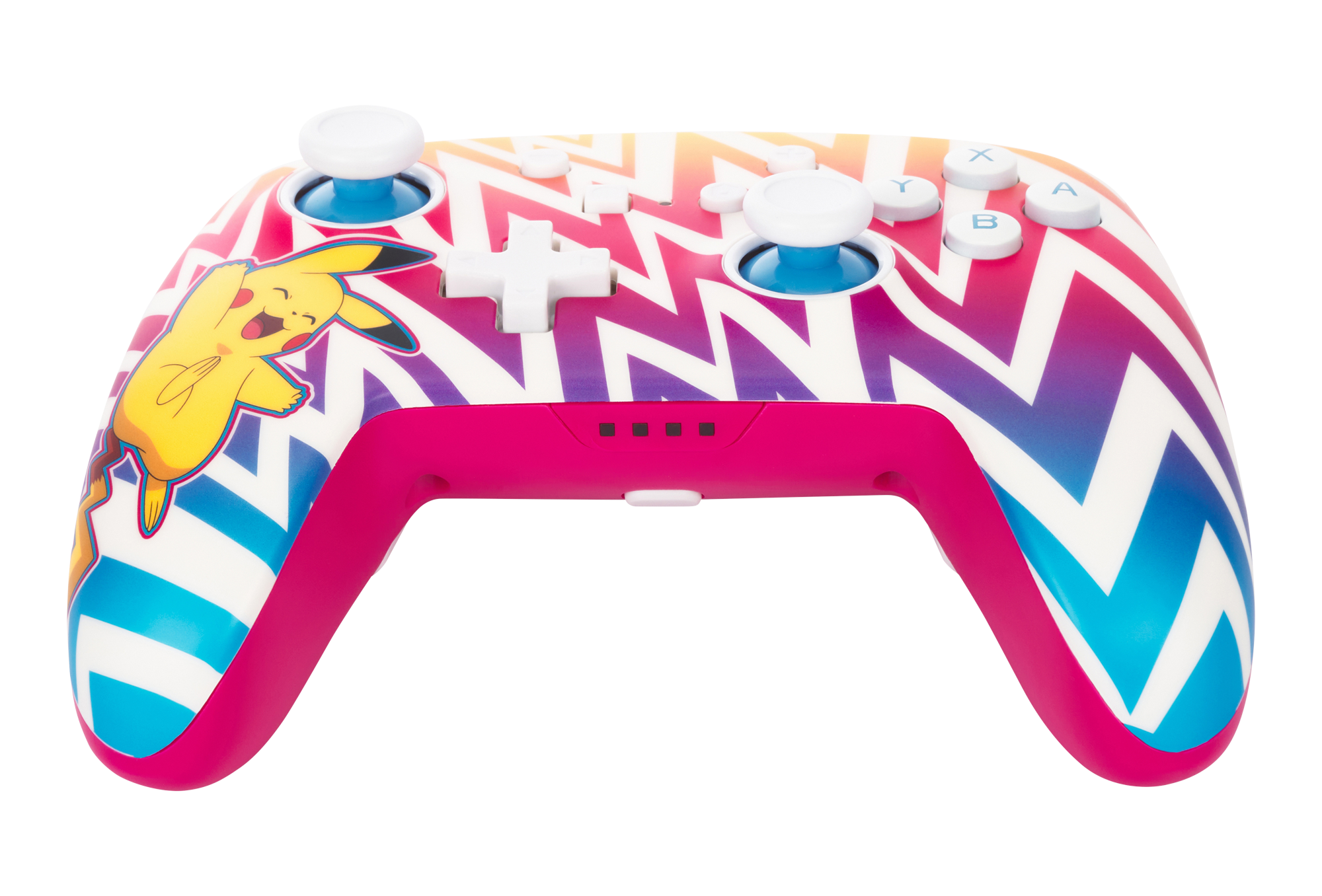 Bunter Nintendo Switch Controller mit Pikachu-Design, weißen Knöpfen und rosa Griffen.