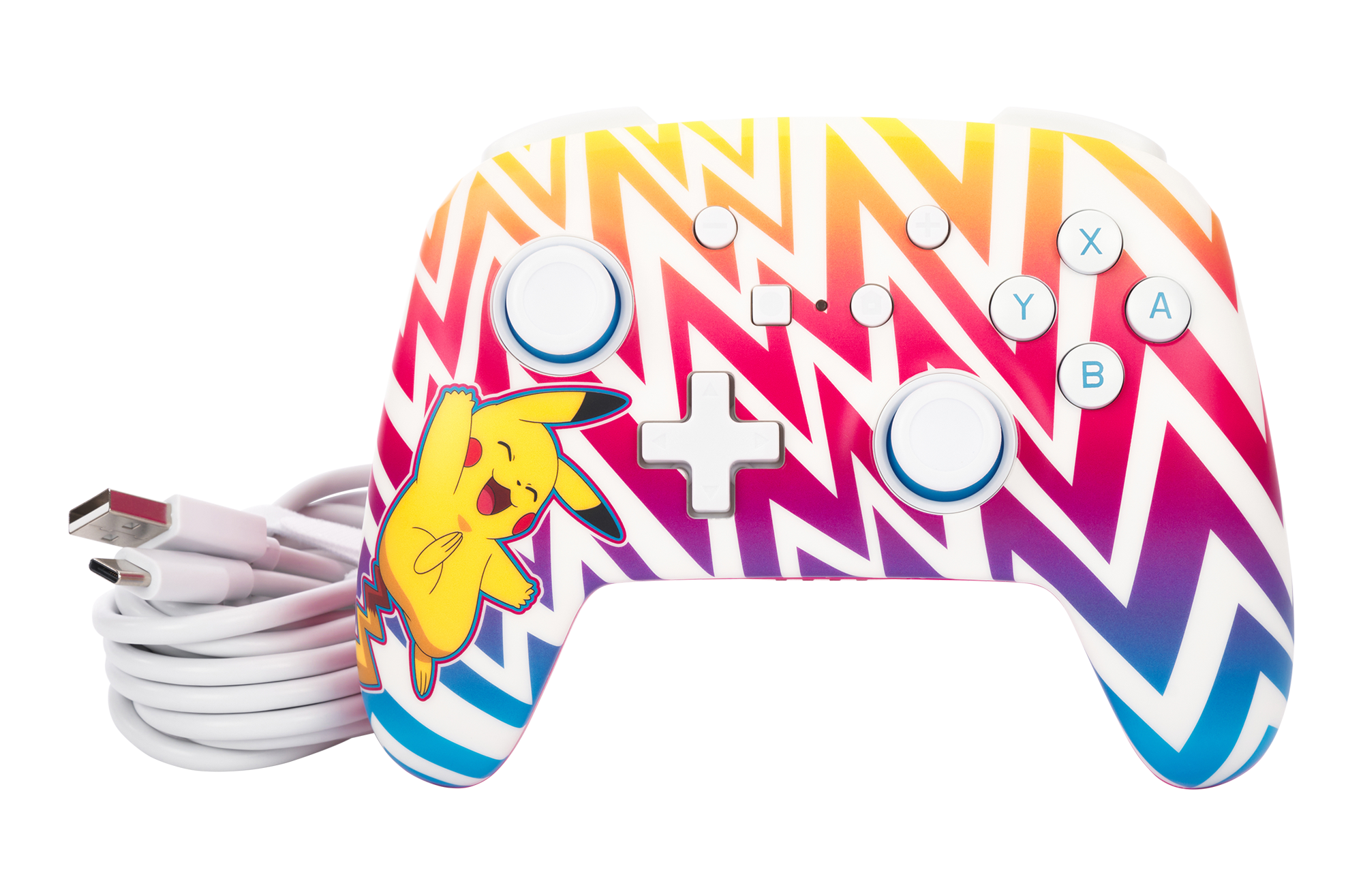 Ein farbenfroher Gamecontroller im Pikachu-Design mit weißen Knöpfen und weißem Kabel.