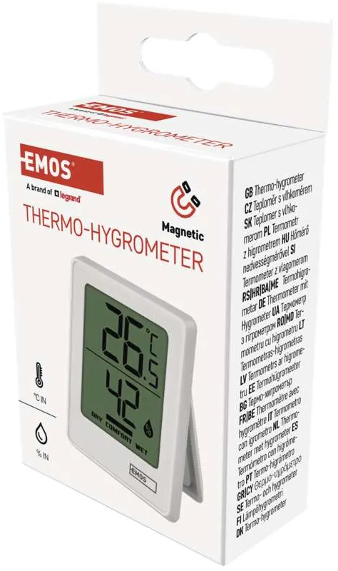 Fehér termo-higrométer fehér felületen, a hőmérséklet és a páratartalom kijelzésével.