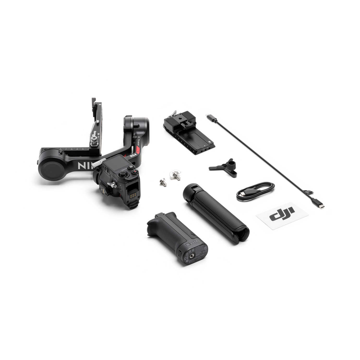 Camera stabilizer with accessories, including a grip, charger, and cables.