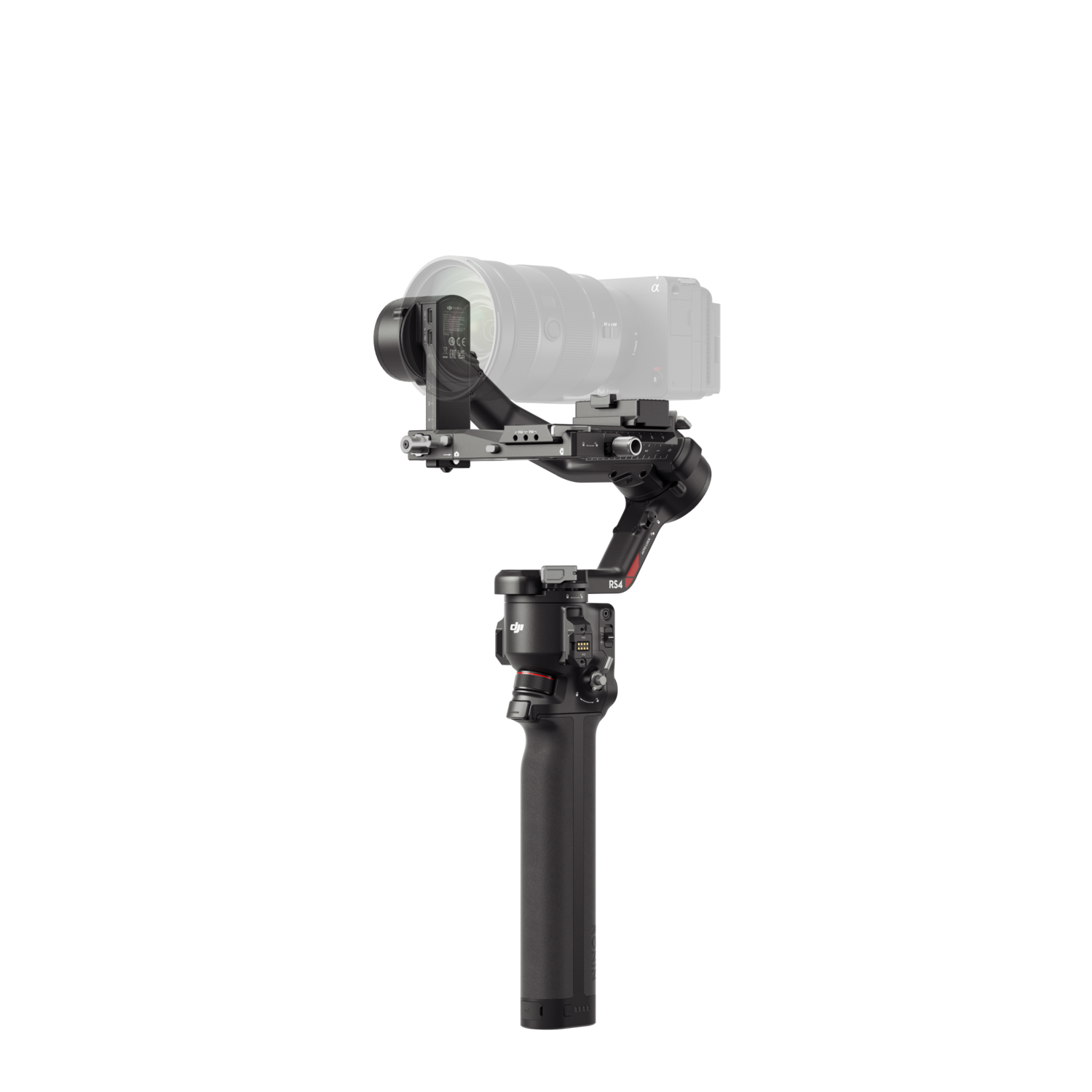 Camera with lens on a gimbal stabilizer, against a black background.