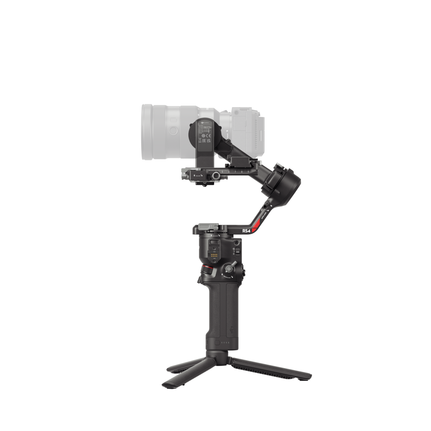 Camera and lens attached to a black gimbal stabilizer.