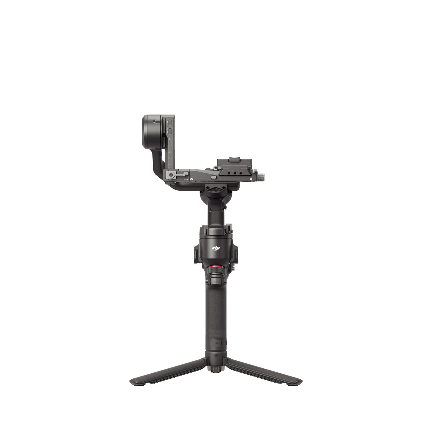 A black camera stabilizer on a tripod, against a black background.
