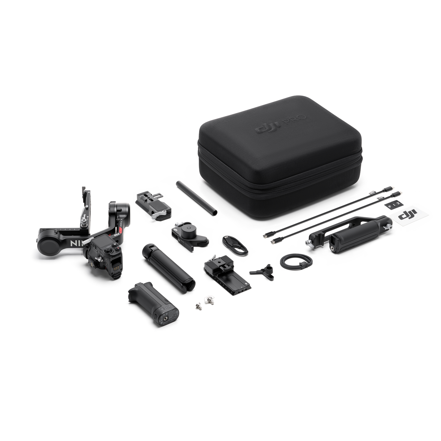 Various drone accessories laid out on a white surface, including a case and stabilizing gear.