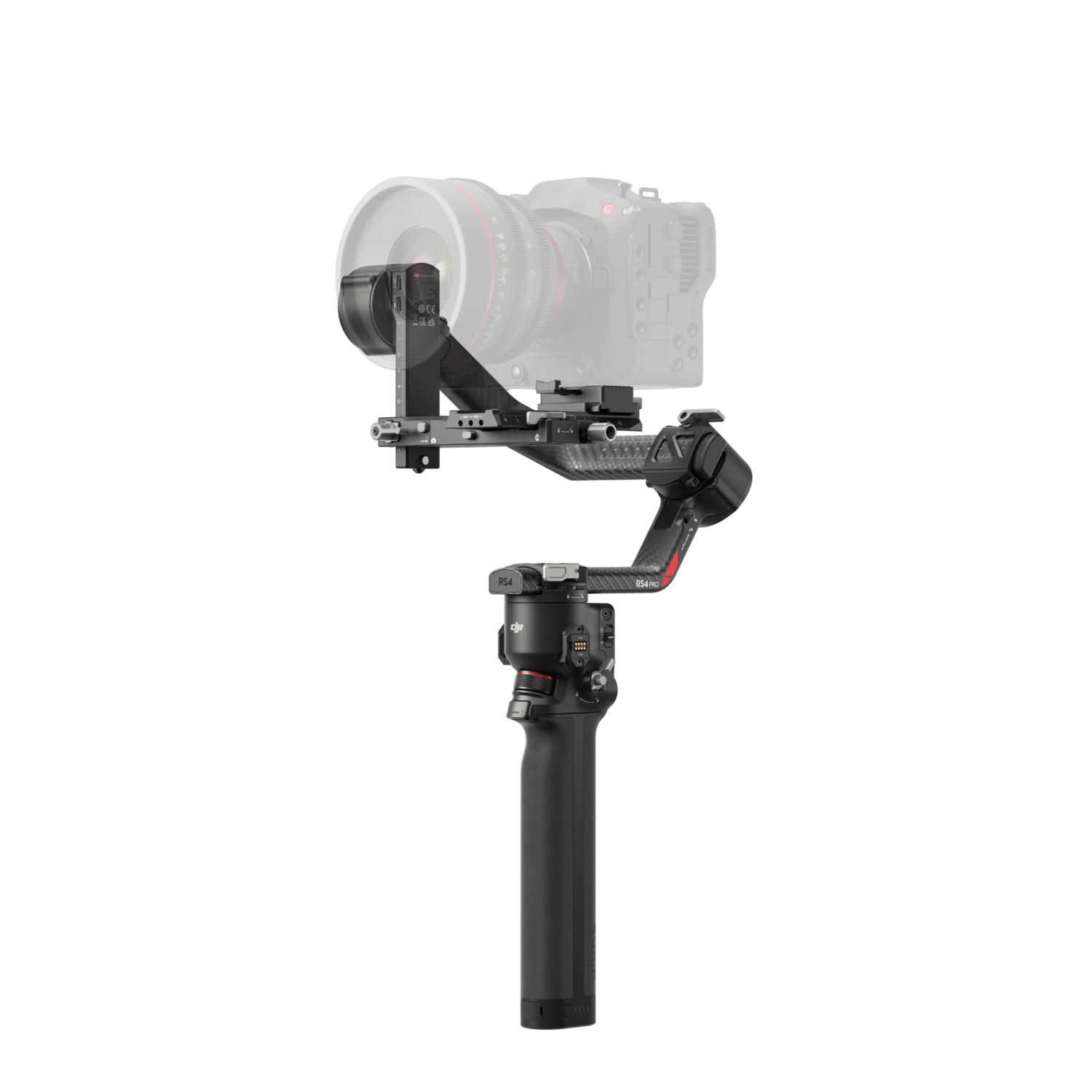 Zwarte camera-opstelling op een gimbal. Het heeft een lens en is zwart.