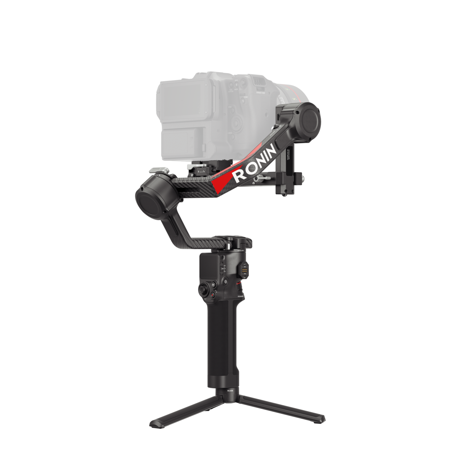 Een zwarte Ronin camerastabilisator met een gemonteerde camera, tegen een donkere achtergrond.