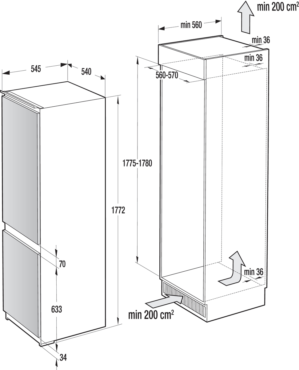 Diagramm eines Kühlschranks mit Abmessungen und Luftstromindikatoren.