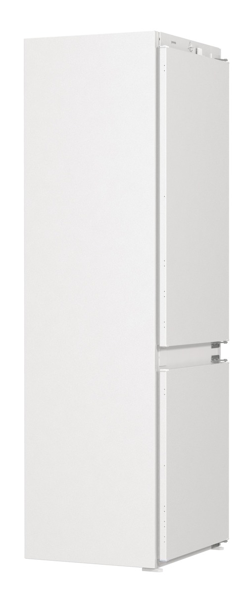 Weißer Kühlschrank mit zwei Türen, Seitenansicht. Einfaches, sauberes Design.
