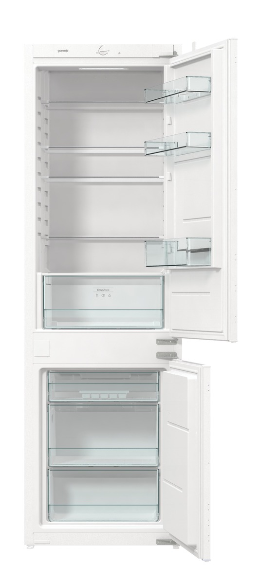 Weißer Kühlschrank mit offenen Türen, zeigt Regale und Fächer im Inneren.