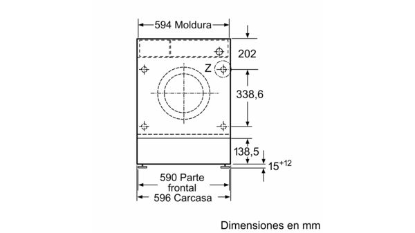 Diagrama con dimensiones de un producto, incluyendo altura, ancho y profundidad en mm. Fondo blanco.