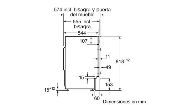 Diagrama de un armario con dimensiones en milímetros, vista lateral.