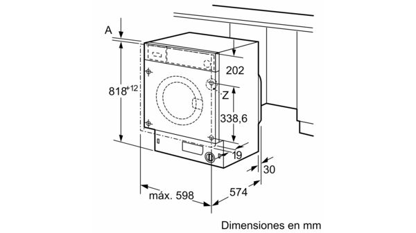 Dibujo técnico de una lavadora empotrada. Muestra dimensiones e instrucciones de colocación.