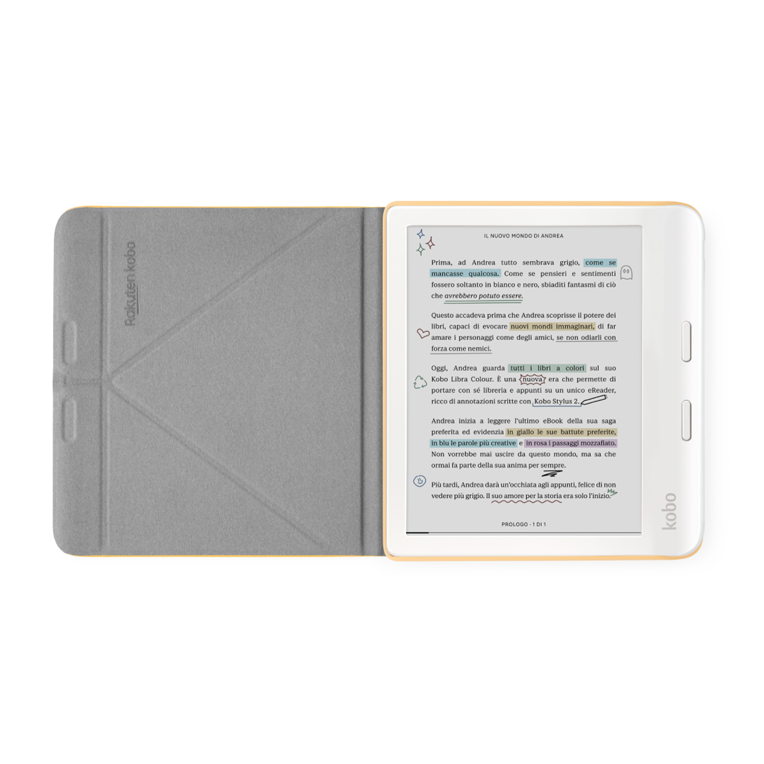 eReader con testo e copertina gialla. Marchio Kobo.