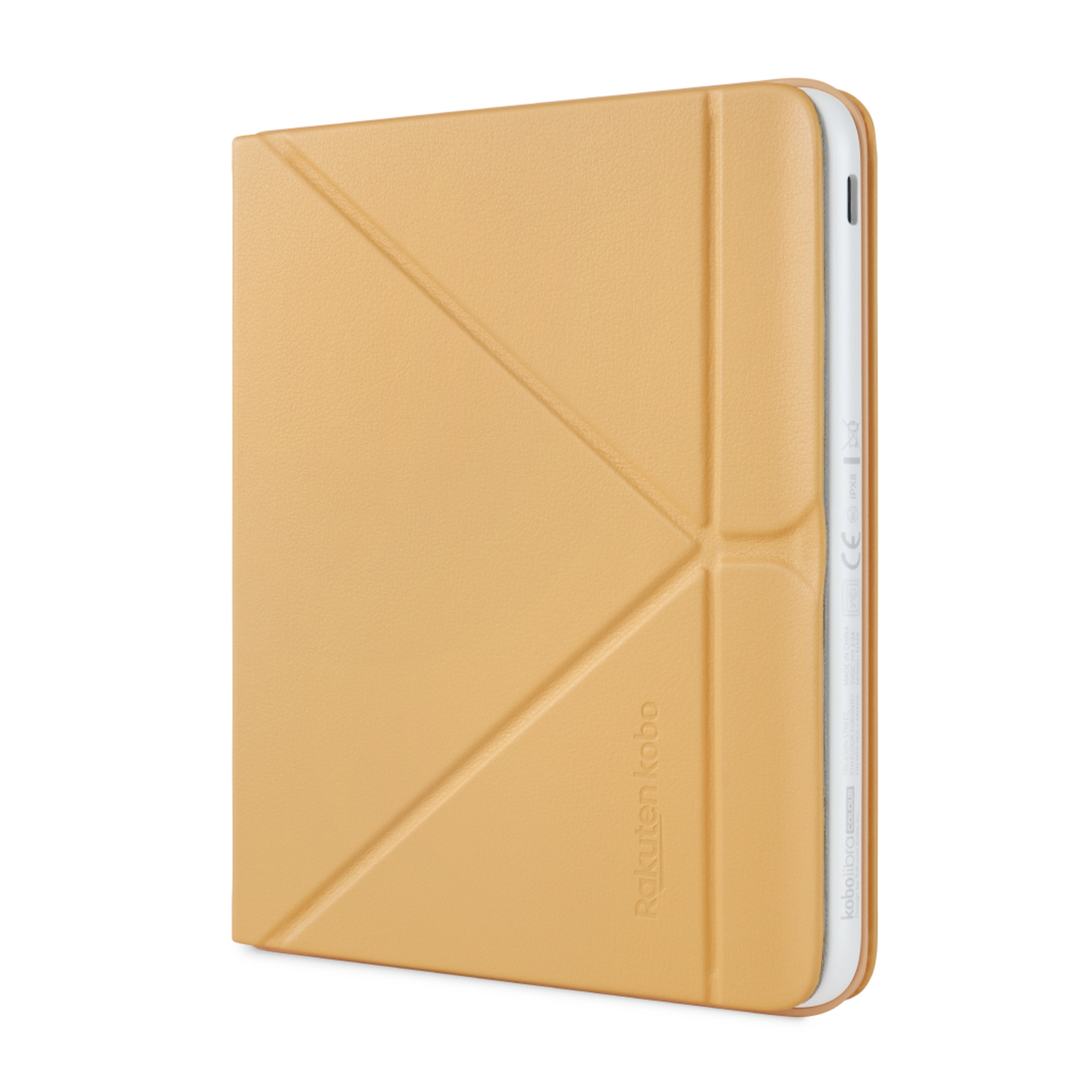 Un e-reader Kobo in una custodia beige, vista angolata, su sfondo bianco.