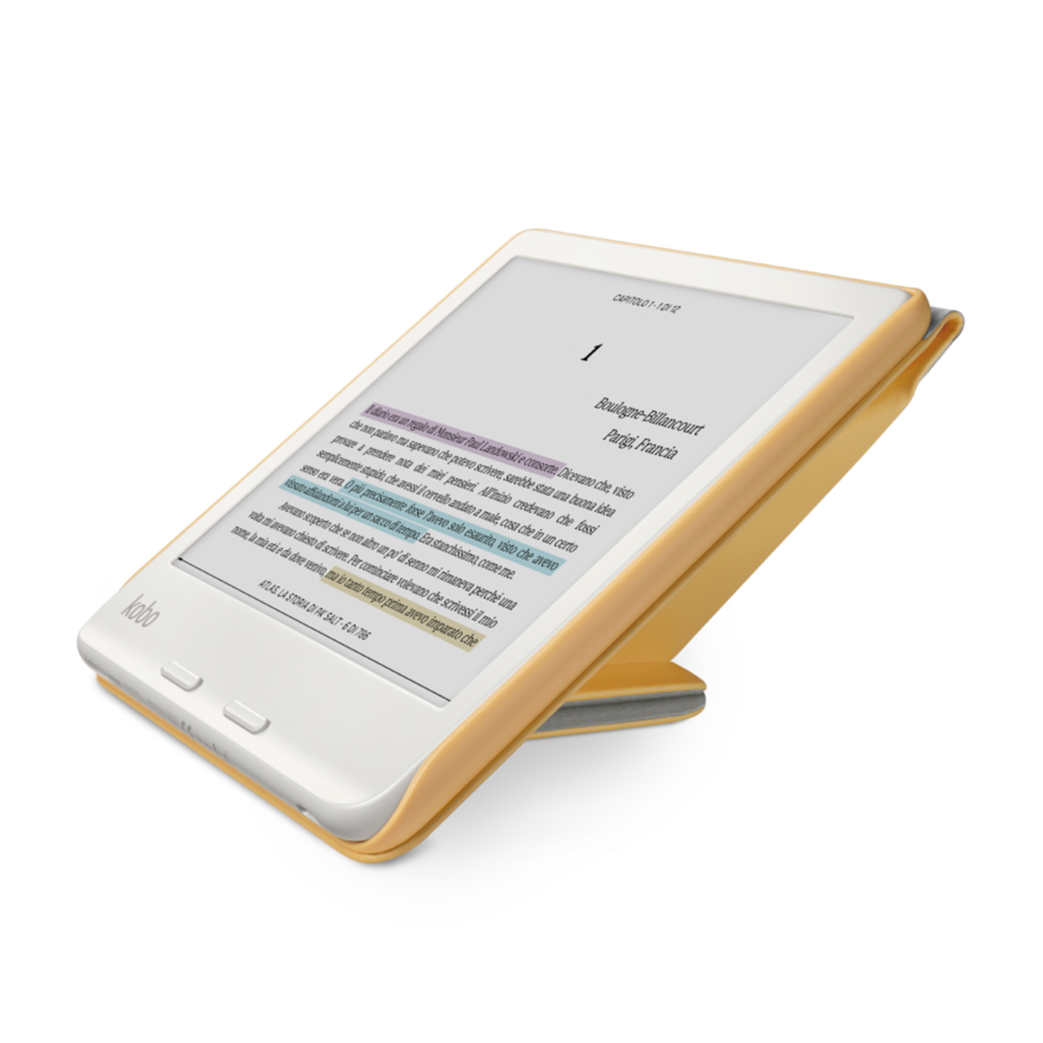 Un e-reader in una custodia gialla. Lo schermo mostra del testo ed è sostenuto dalla custodia.