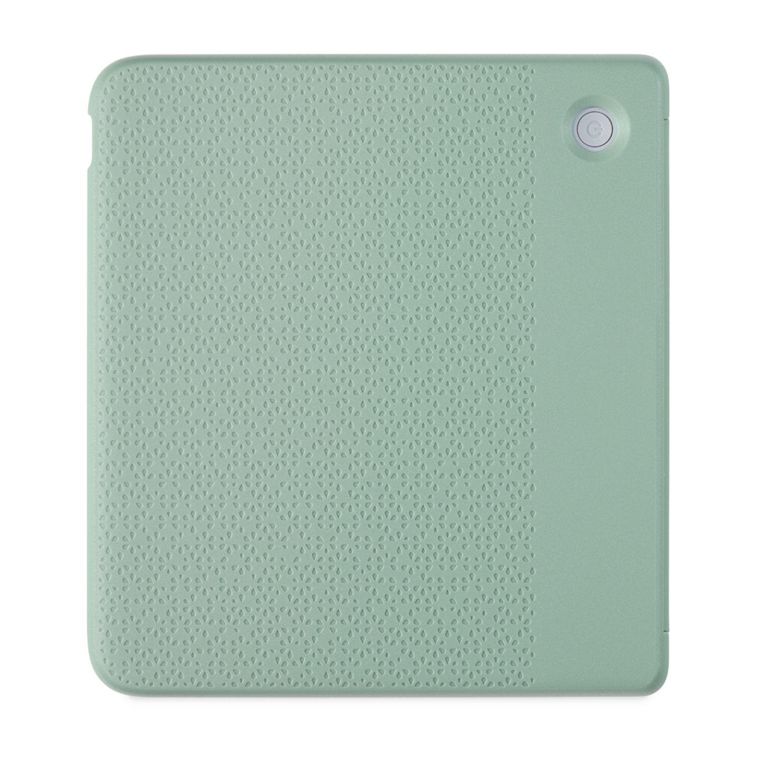 Custodia per tablet verde con motivo floreale a sinistra e lato destro verde unito.