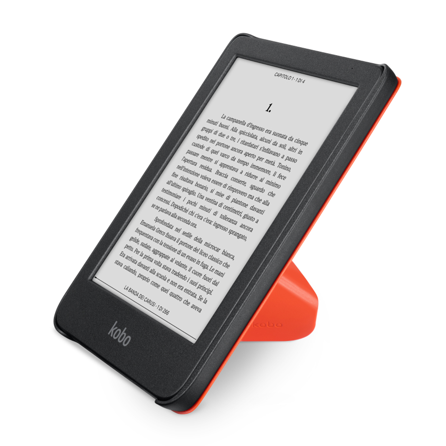 Un e-reader Kobo con una pagina aperta, sostenuto da un supporto arancione.