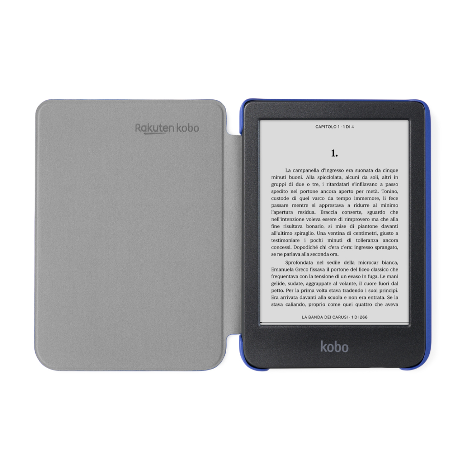 Un e-reader Kobo con una cover blu e una pagina del libro visualizzata.