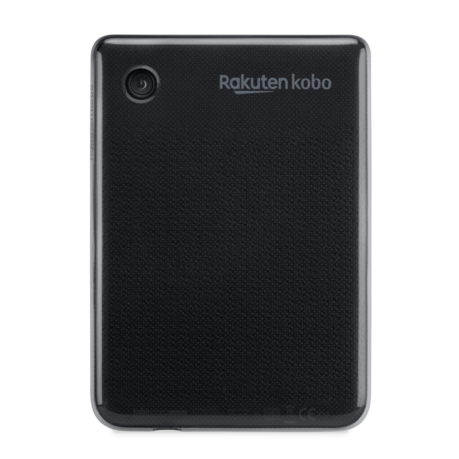 Lettore e-book Rakuten Kobo nero con un'unica lente della fotocamera in alto.