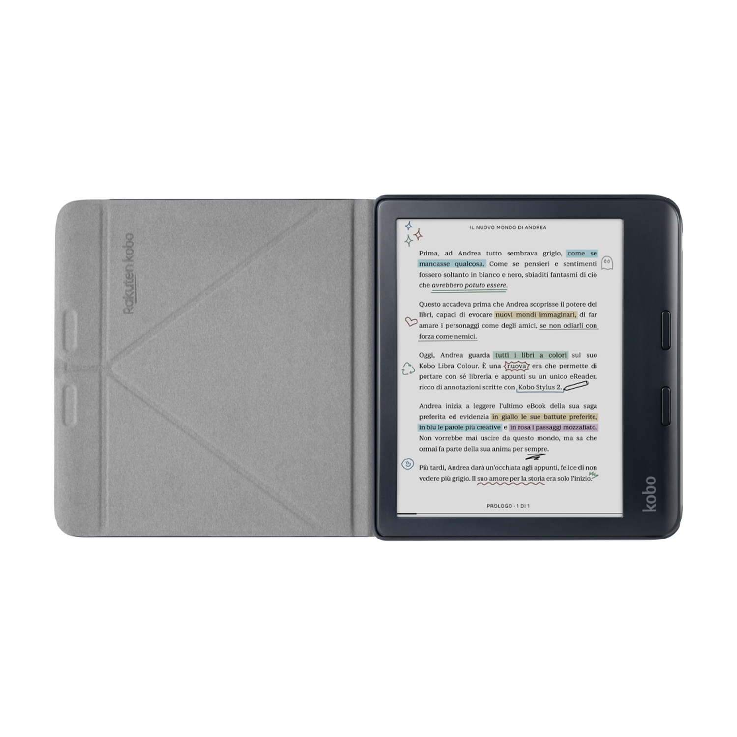 Un e-reader con la cover aperta, che mostra testo e parole evidenziate. Marchio Kobo visibile.