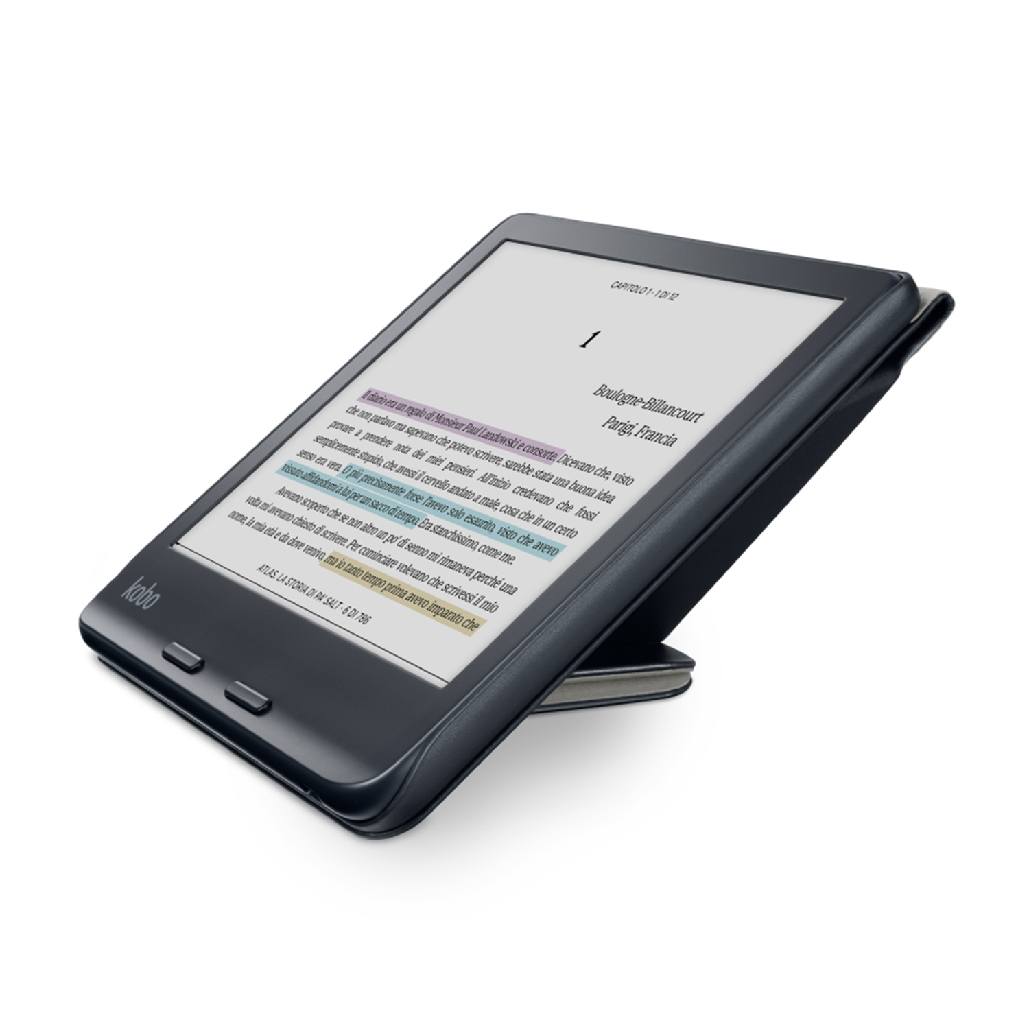 E-reader Kobo nero con pagina di libro visualizzata, appoggiato sul suo supporto.