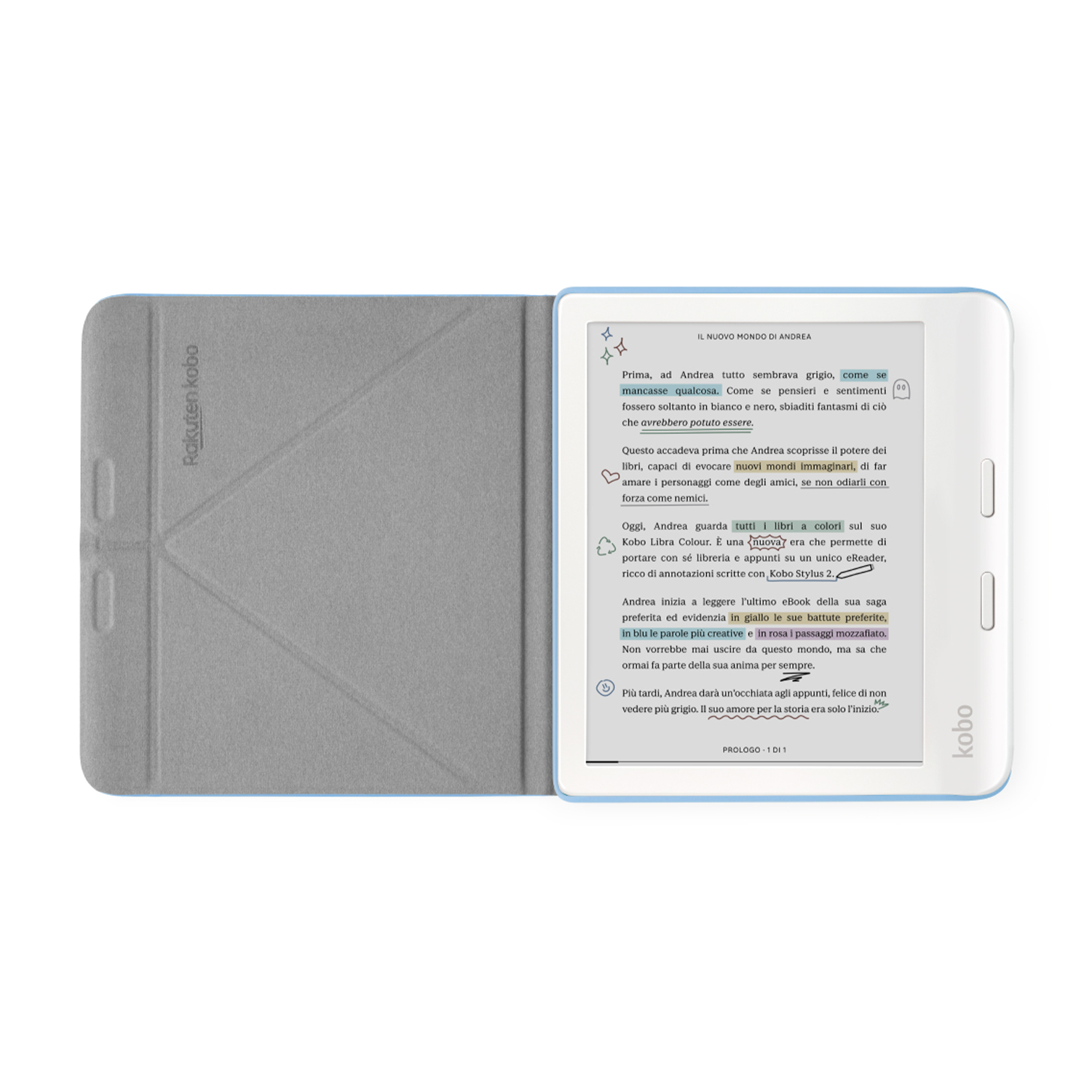 E-reader con testo sullo schermo, una cover e sfondo bianco.