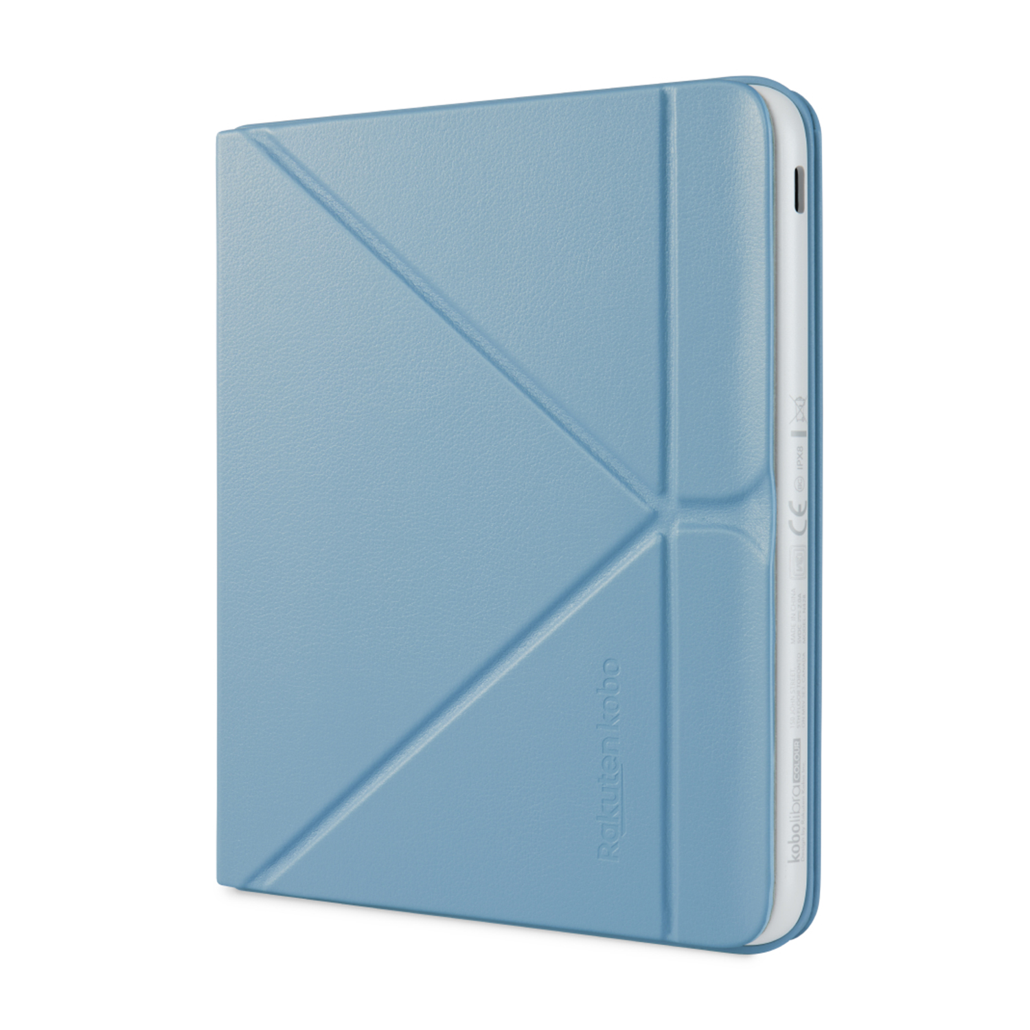 Una custodia per e-reader Kobo azzurra, con un design piegato e il logo Rakuten Kobo visibile.