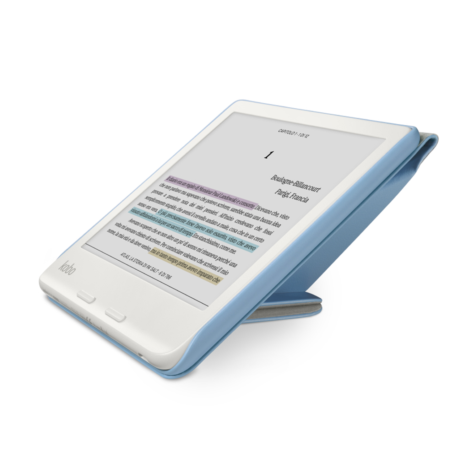 Lettore e-book Kobo blu e bianco su supporto, mostra testo sullo schermo.