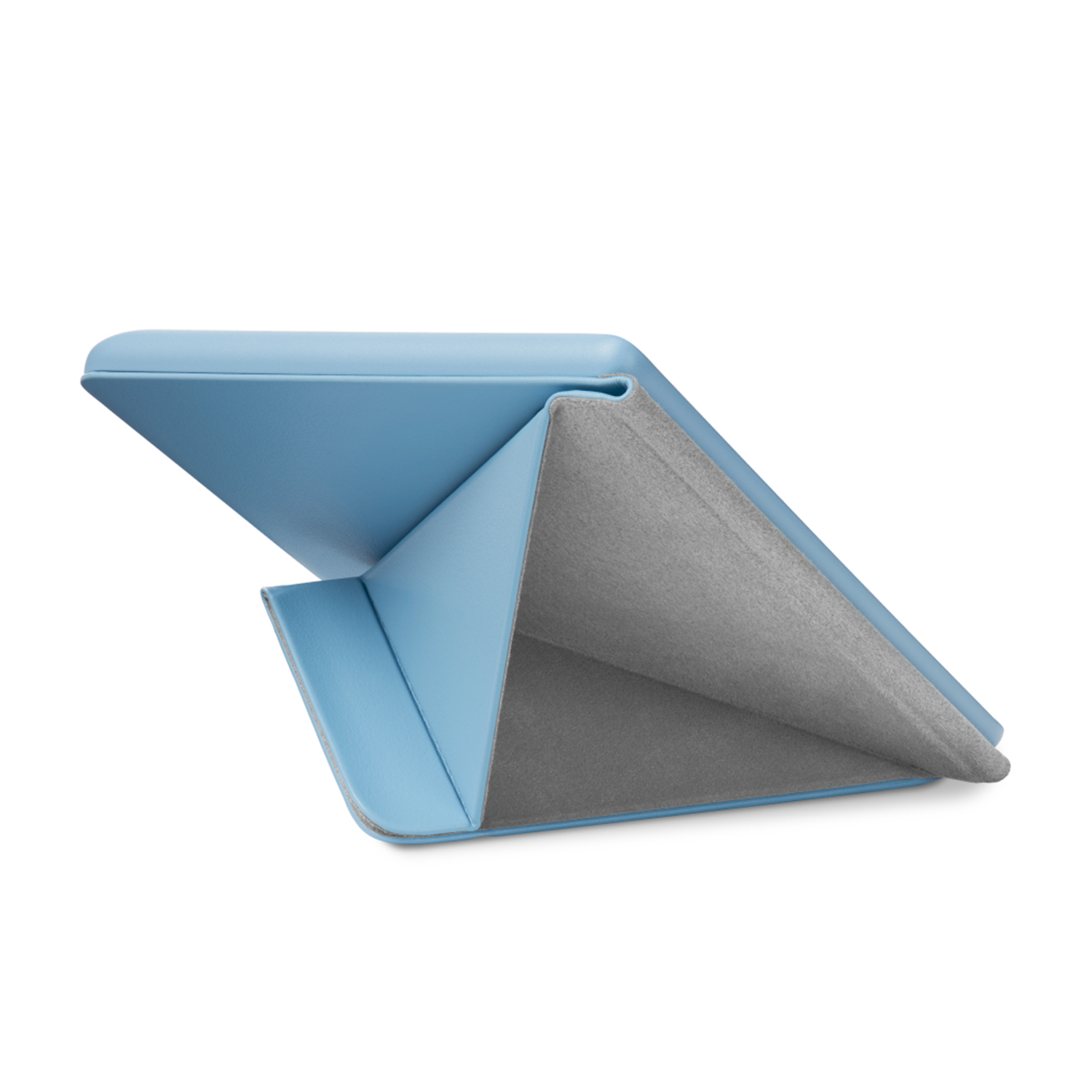 Una custodia per tablet azzurra, aperta.