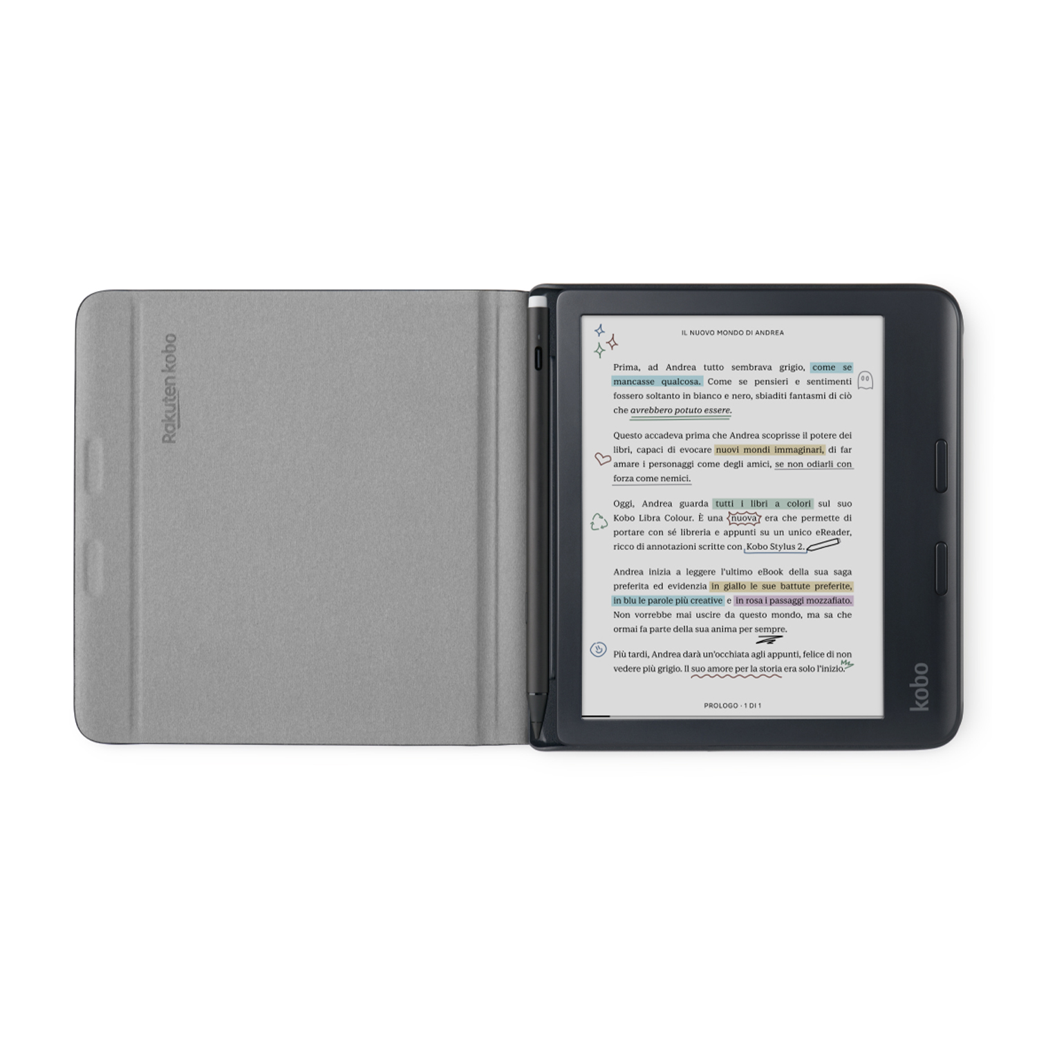 E-reader Kobo aperto, mostra testo sullo schermo. La cover grigia è parzialmente visibile.