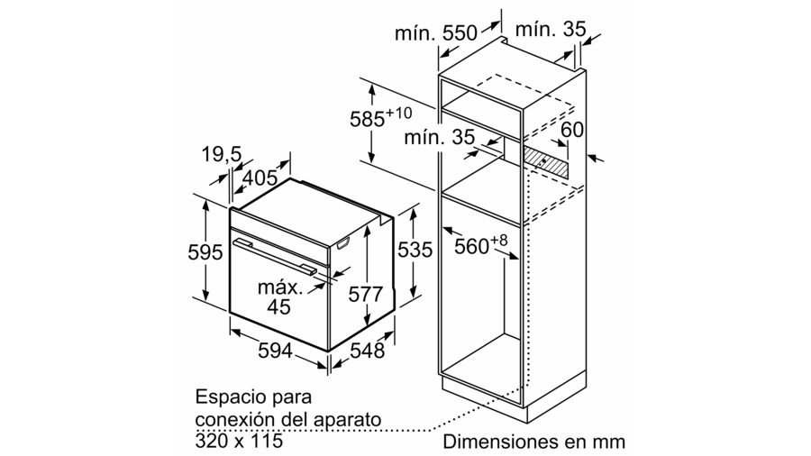 Diagrama de un horno y un armario, con dimensiones etiquetadas en milímetros.