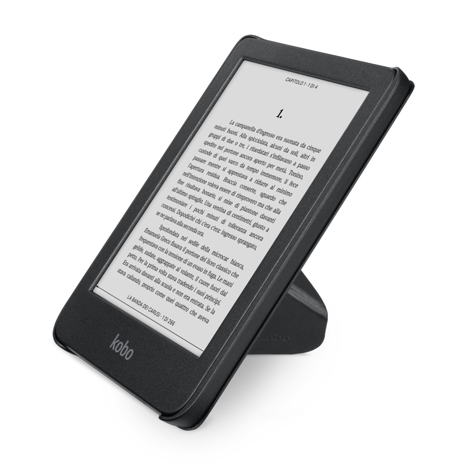 Un e-reader che mostra testo su sfondo bianco, tenuto in un supporto.