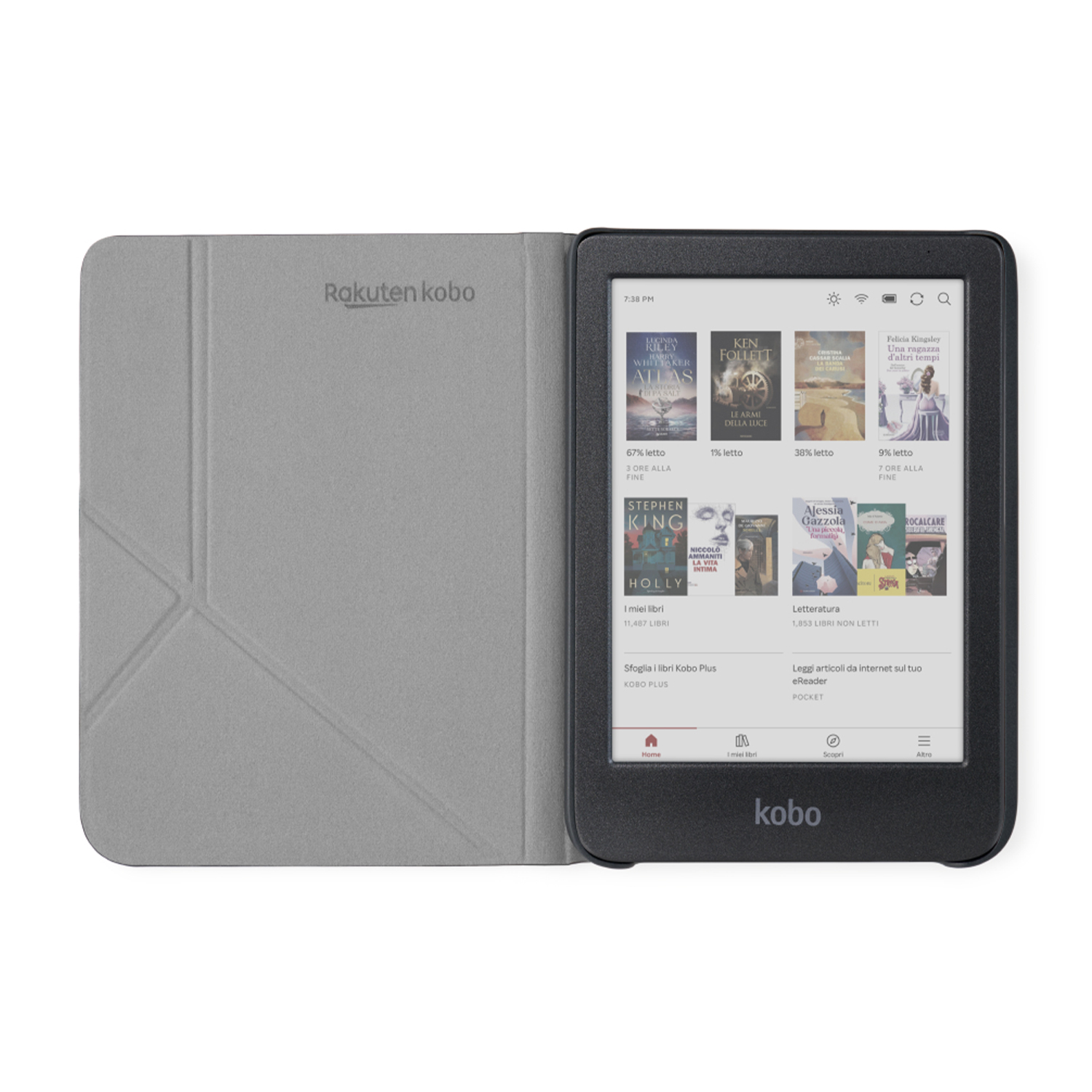 E-reader Rakuten Kobo, mostra un elenco di libri e la copertina.