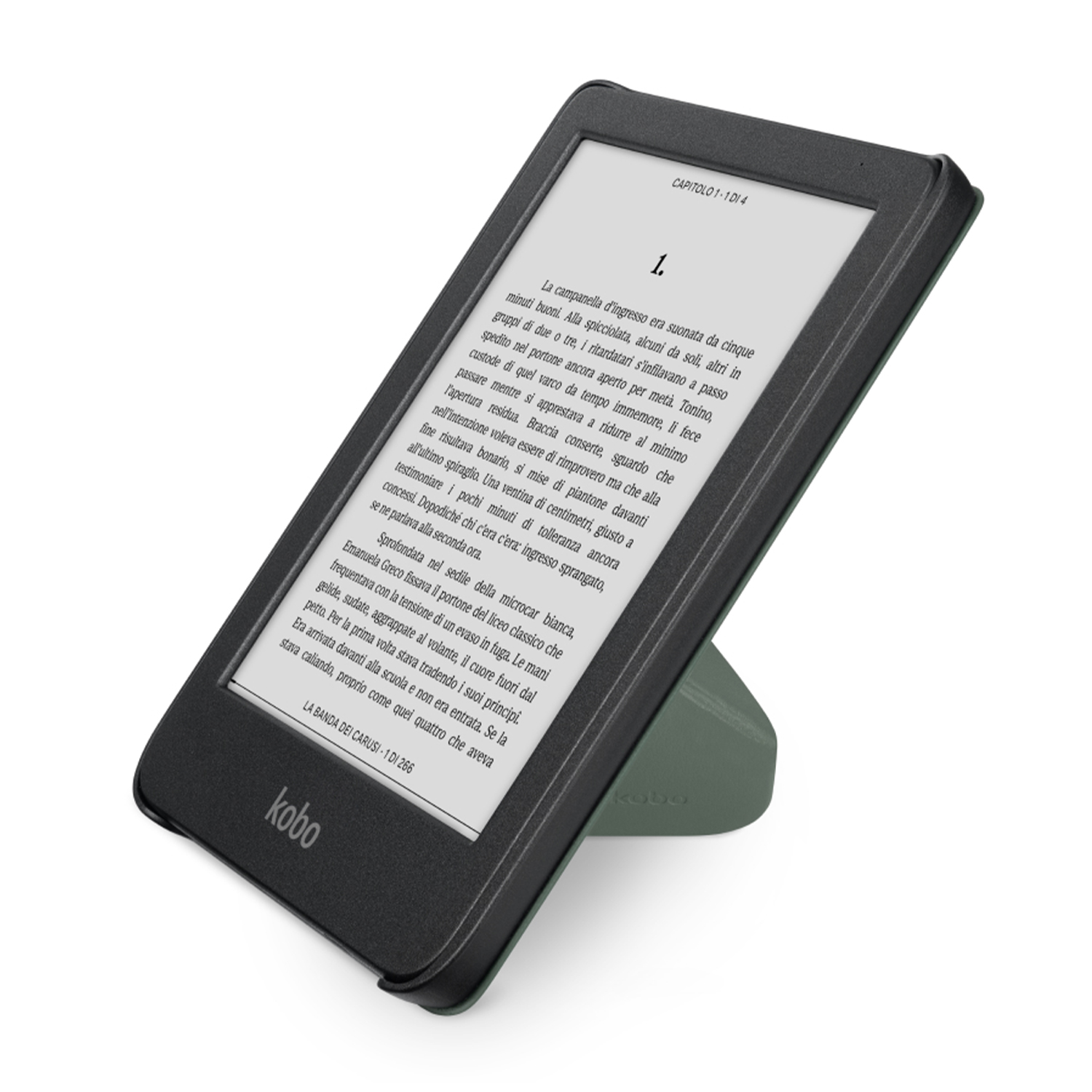 Un e-reader Kobo su un supporto verde, che mostra del testo.