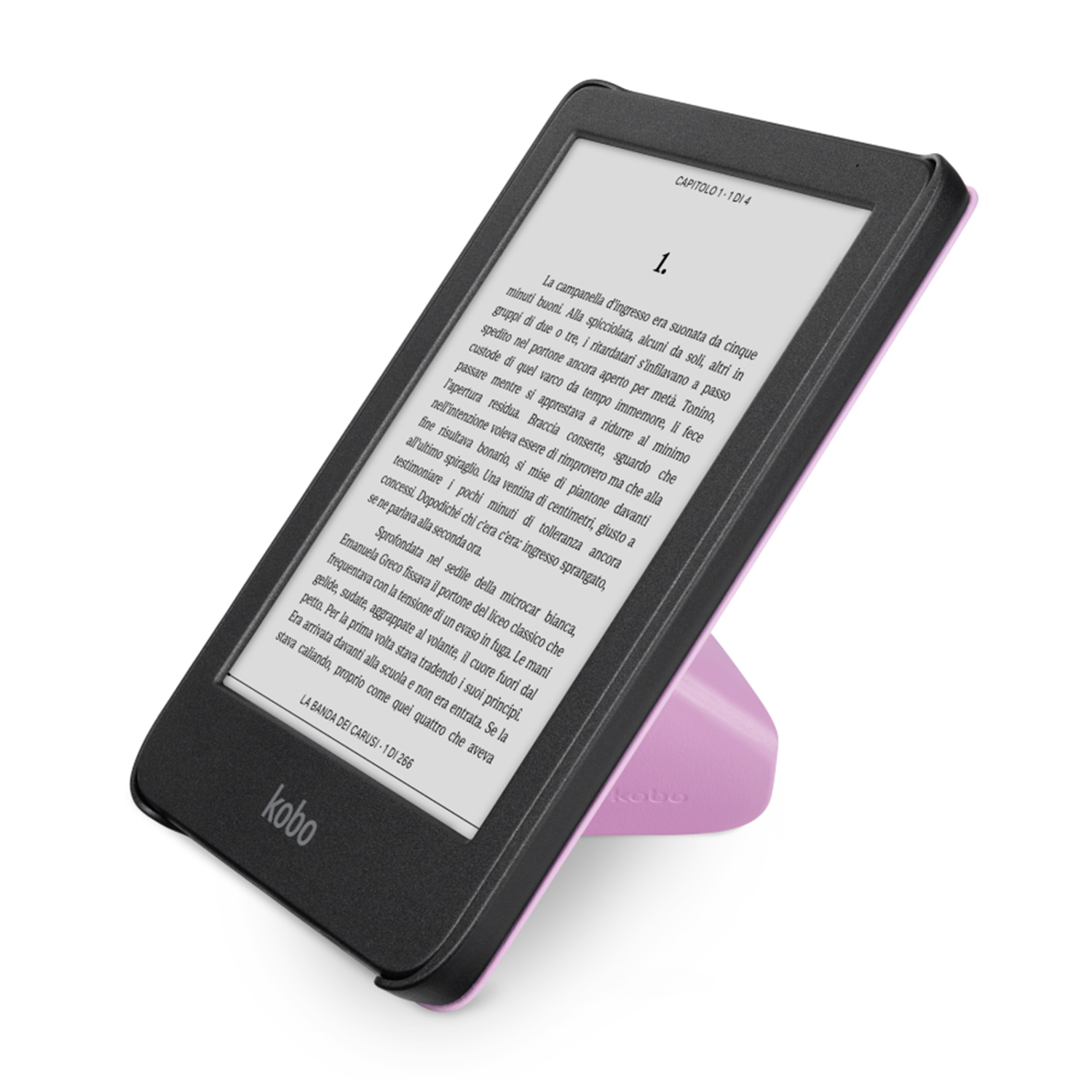 Un e-reader Kobo su un supporto viola mostra del testo. Il testo è in italiano. Lo sfondo è bianco.
