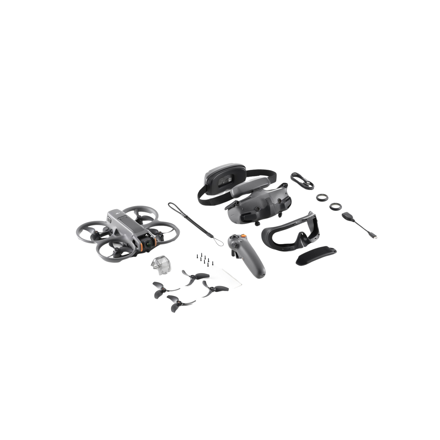 Drone gris, lunettes, télécommande et accessoires éparpillés sur un fond noir.