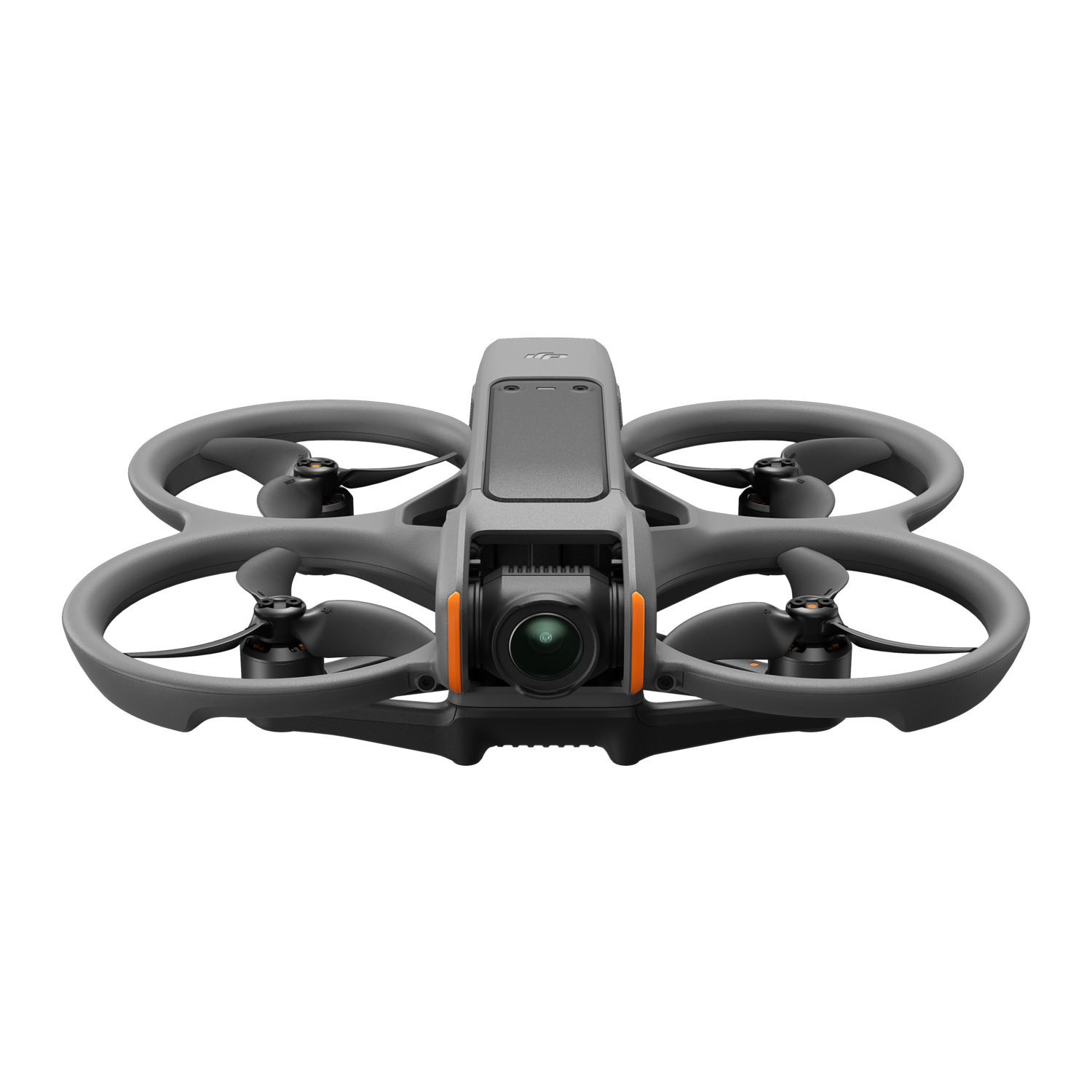 Un drone gris avec quatre hélices. Le drone a une caméra et des accents orange.