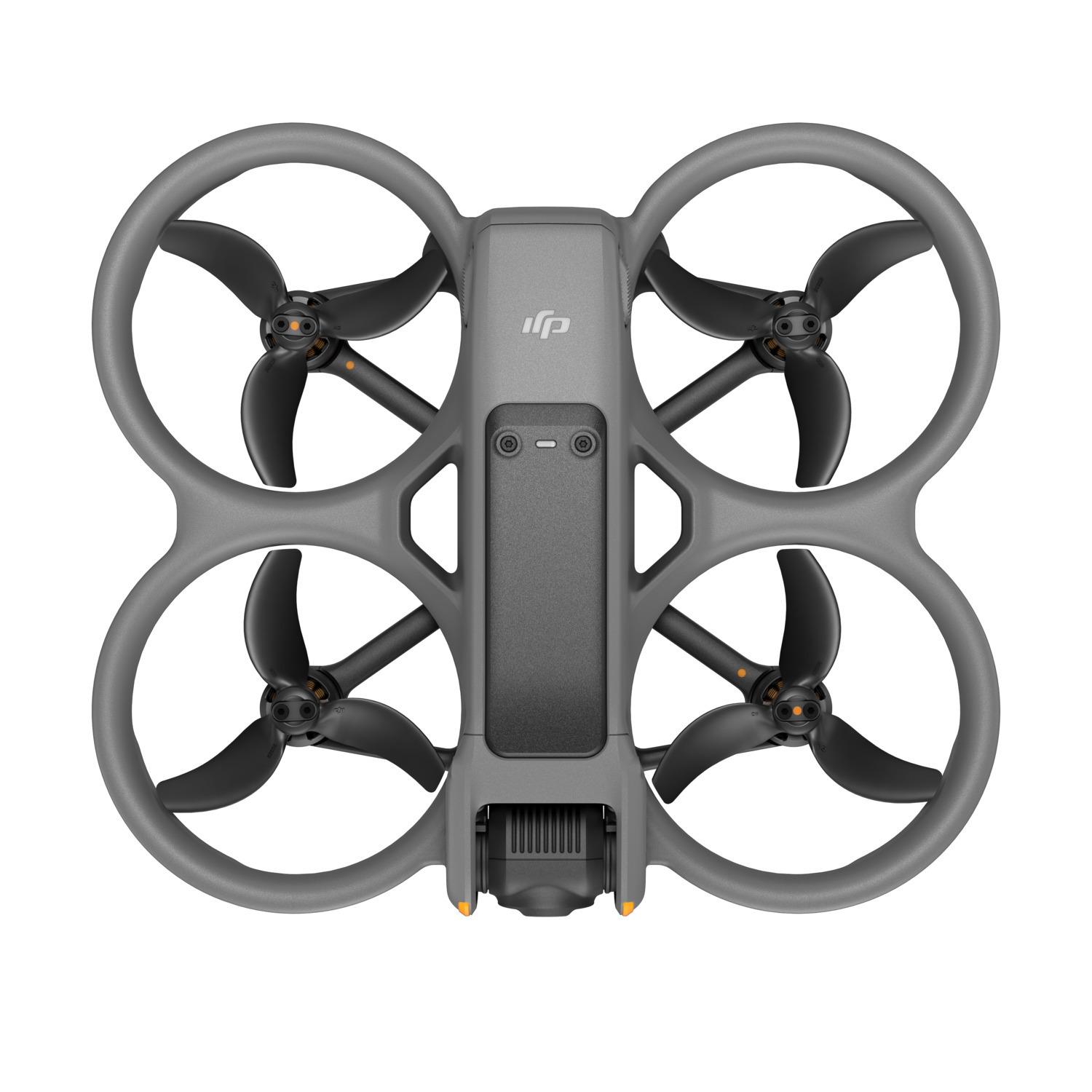 Vue de dessus d'un drone gris avec quatre hélices.