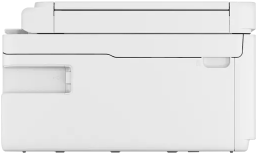 Ein weißer Drucker, Seitenansicht. Die Oberseite hat einen Scanner, und die Seite eine kleine Zugangstür.