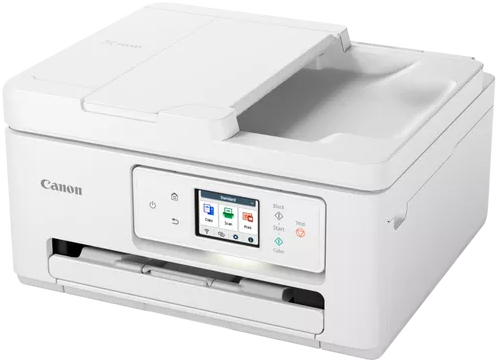 Weißer Canon Drucker. Er hat ein Touchscreen-Display und befindet sich auf schwarzem Hintergrund.