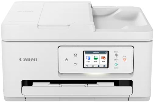 Weißer Canon-Drucker mit Touchscreen und Canon-Logo. Das Papierfach ist geöffnet.