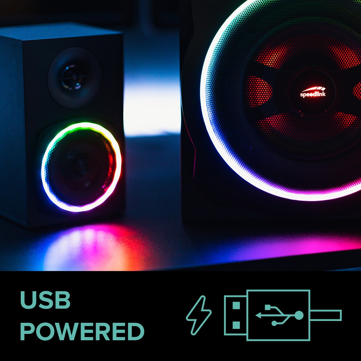 Zwei schwarze Lautsprecher mit bunten LED-Leuchten um die Lautsprecher. USB-Stromversorgungstext ist sichtbar.